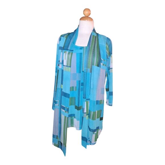 Susan Graver Blue Green Geometric Cardigan & Tank Twin Set Large Women’s Knit - Picture 1 of 12